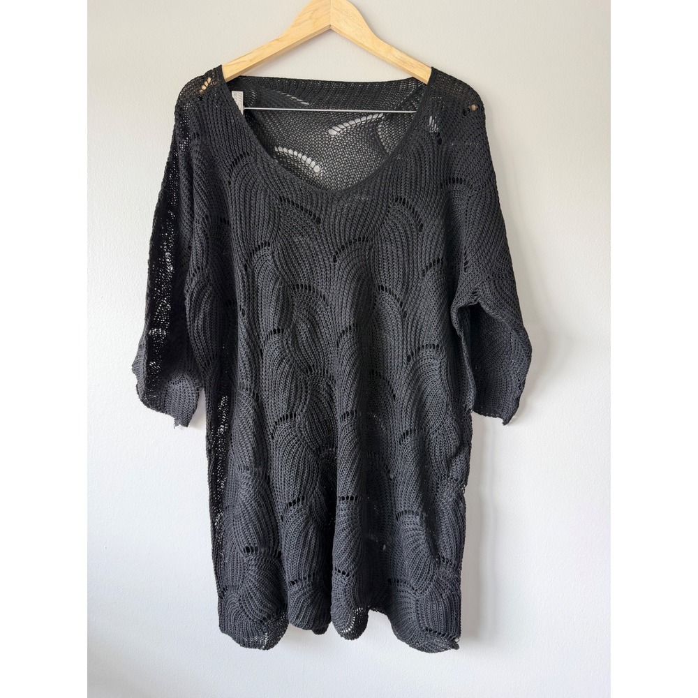 Crochet Knit Tunic OS Black Boho Scalloped V-Neck‎ Beach Coverup